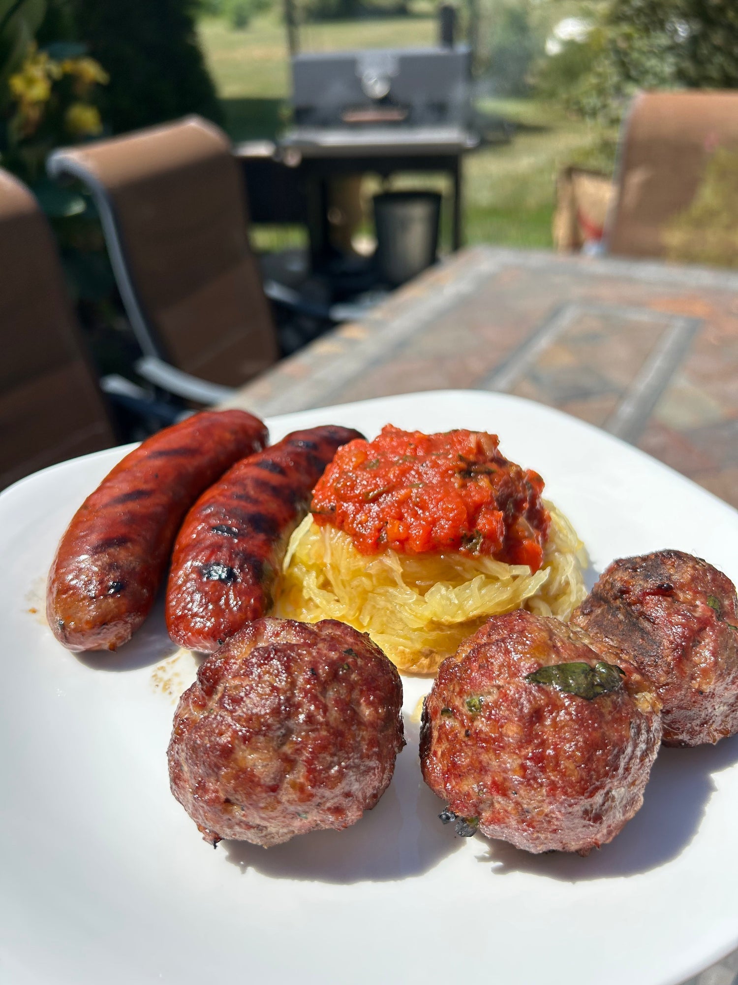 Smoked Italian Sausage, meatballs and spaghetti squash