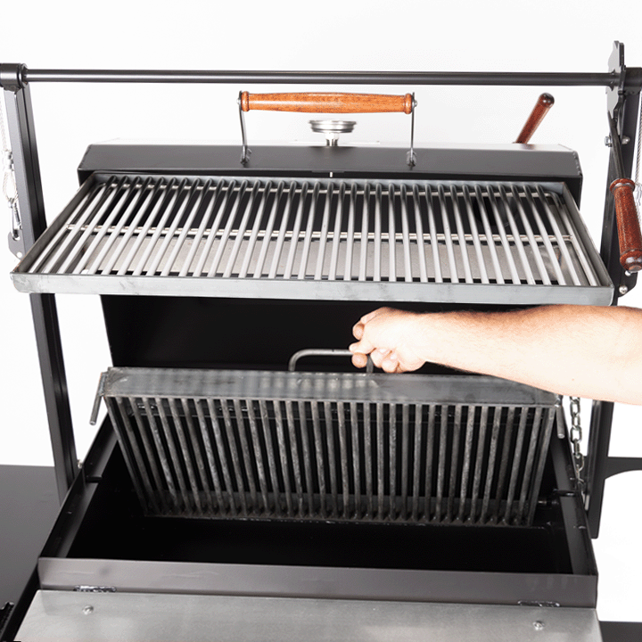 1000 Series Original Braten Wood Fired Grill  with lid raised and lower grate lifted
