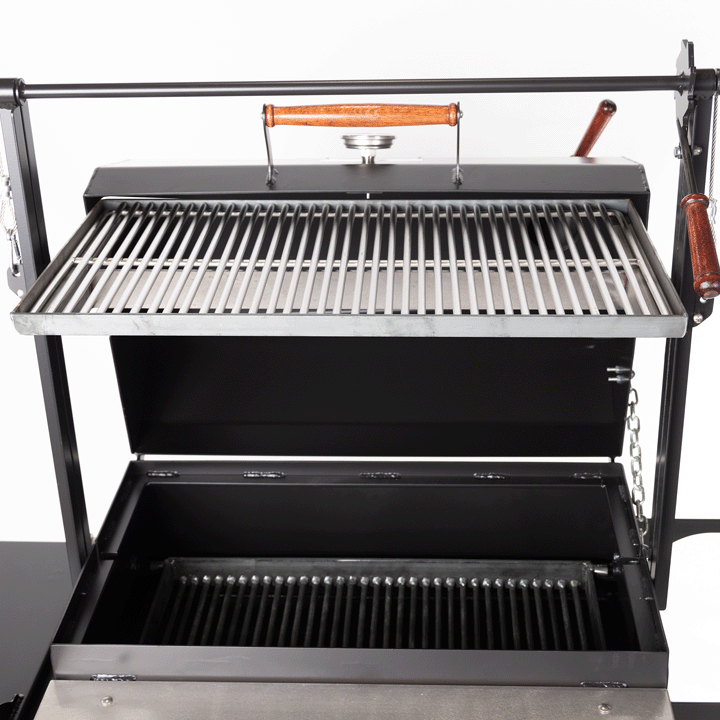 1000 Series Original Braten wood fired Grill with Lid open and grill grate raised