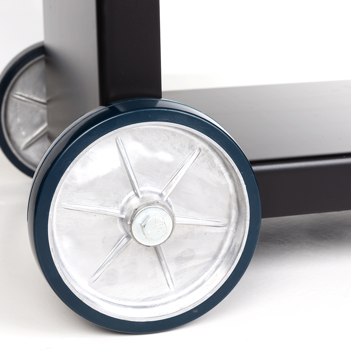Close up of Cast Aluminum wheels with Urethane Tread and Roller Bearings on 1000 Series Original Braten Wood Fired Grill
