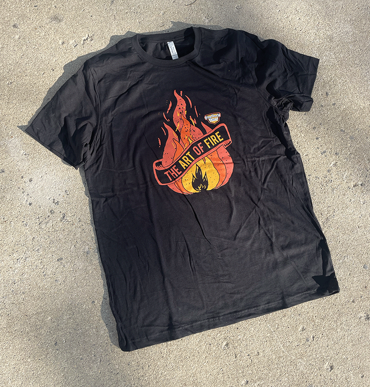 black shirt with fire logo