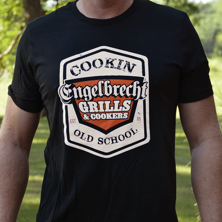 Black t-shirt with Engelbrecht logo and Cookin Old School design