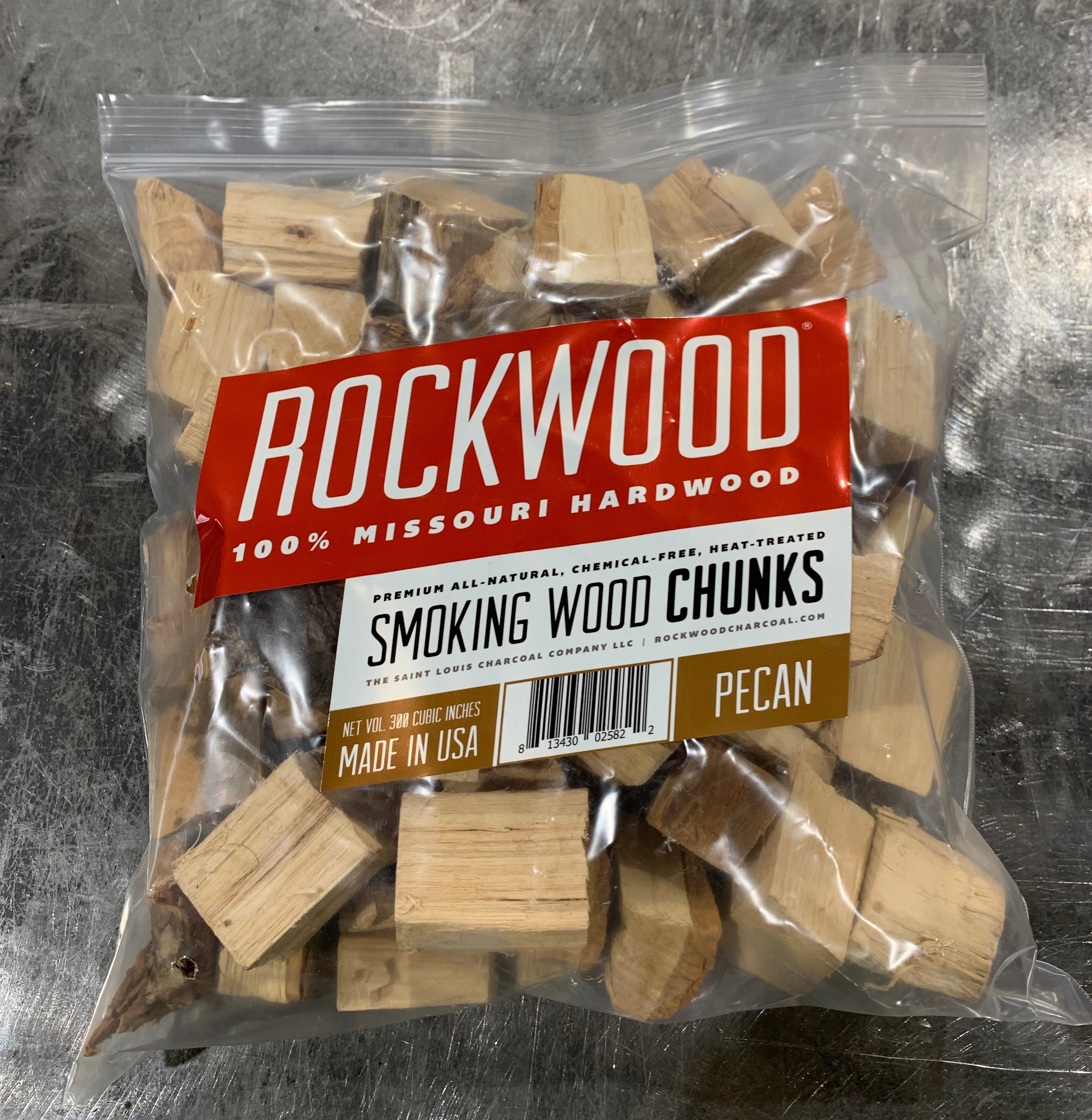 Bag of Rockwood brand Lump smoking pecan wood chunks
