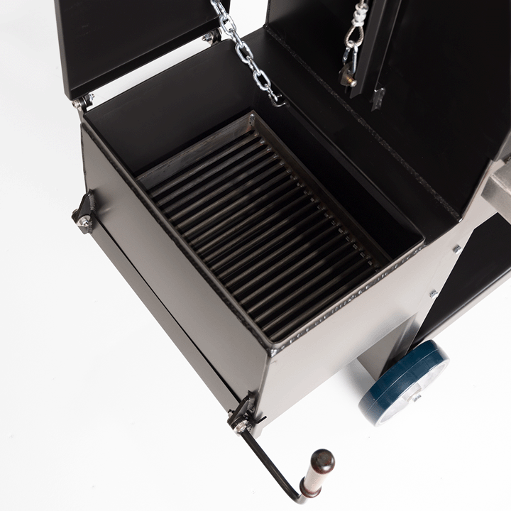 1000 Series Original Braten Wood Fired Grill with side firebox lid open