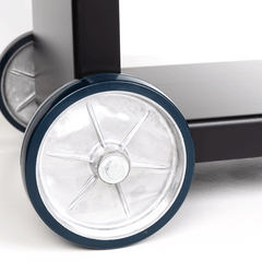 Close up of Cast Aluminum wheels with Urethane Tread and Roller Bearings on 1000 Series Original Braten Wood Fired Grill