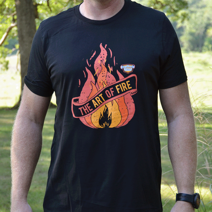 Black t-shirt with Engelbrecht logo and The Art of Fire design