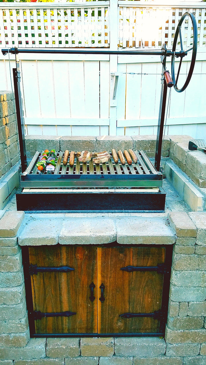 Customer installed Braten Campfire Argentine grill with wooden cooking cabinet beneath