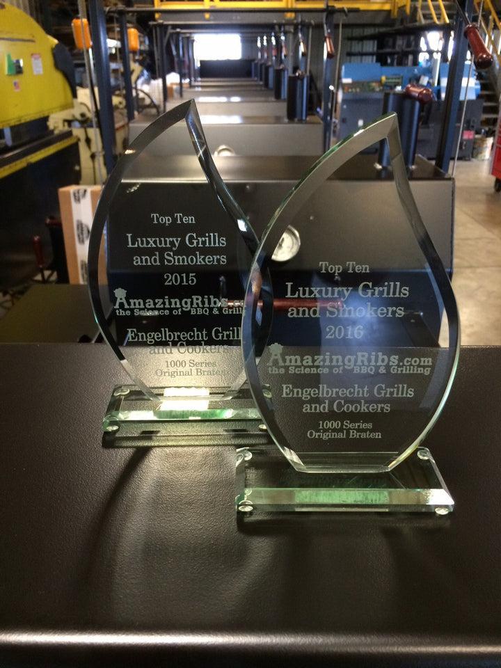 Grilling awards on shelf in production shop