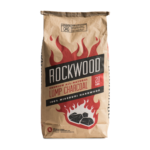 Bag of Rockwood brand Lump charcoal on white background
